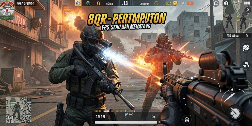 Screenshot gameplay 8QR menampilkan aksi tembak-menembak yang mendebarkan.