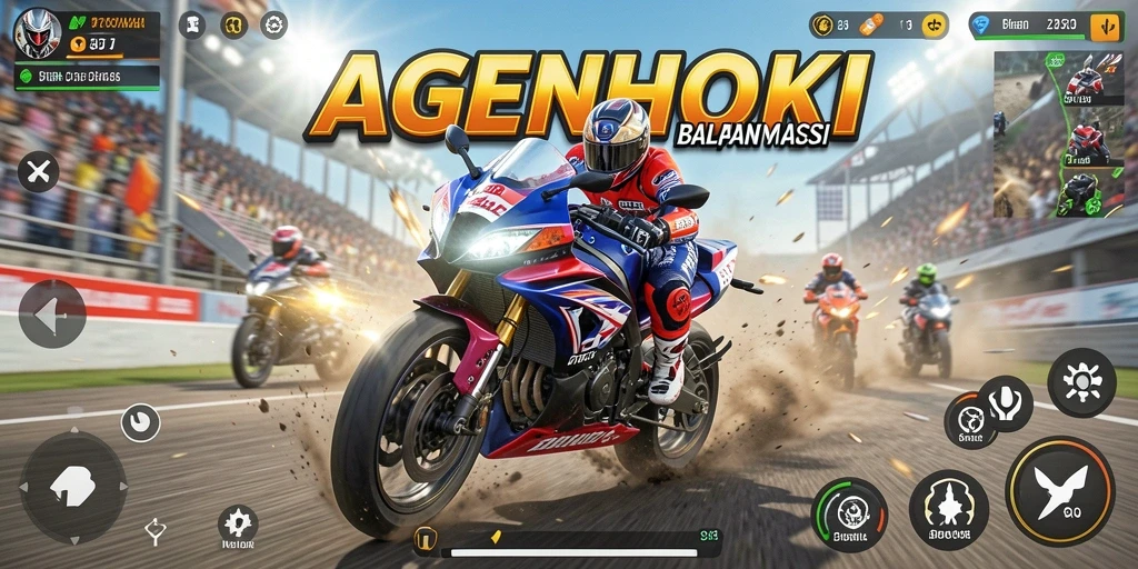 Screenshot gameplay AGENHOKI yang menunjukkan aksi balapan motor yang mendebarkan.