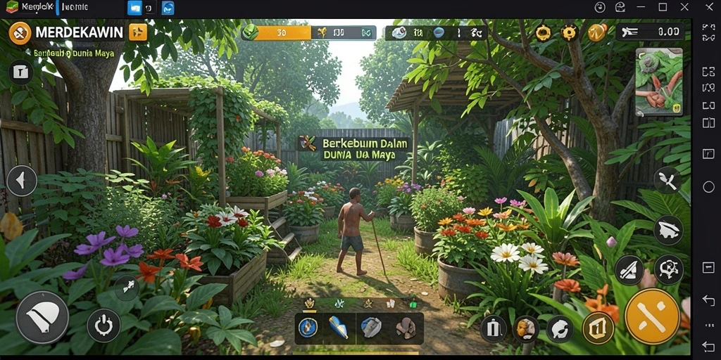 Screenshot gameplay <strong>MERDEKAWIN</strong> menunjukkan petak kebun yang subur dan banyak tanaman.