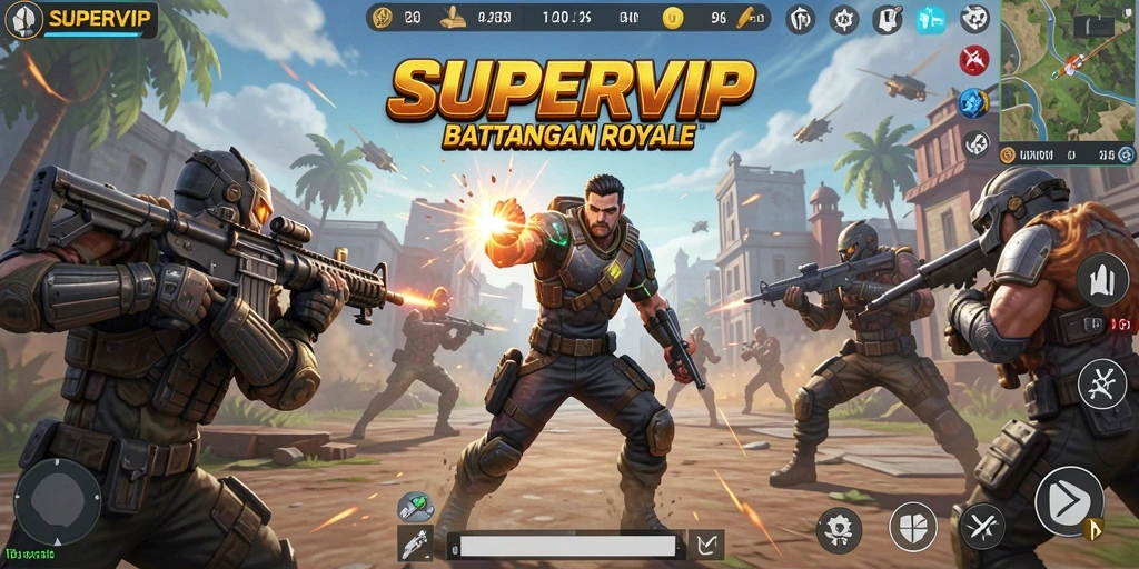 Tampilan seru dari gameplay Battle Royale di SUPERVIP.
