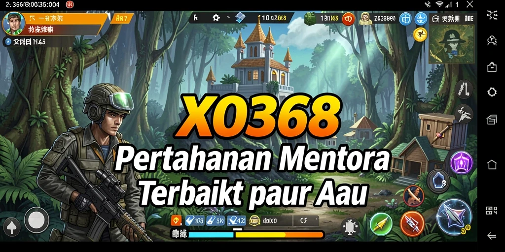 Tangkapan layar utama XO368 menunjukkan aksi pertarungan menara pertahanan.
