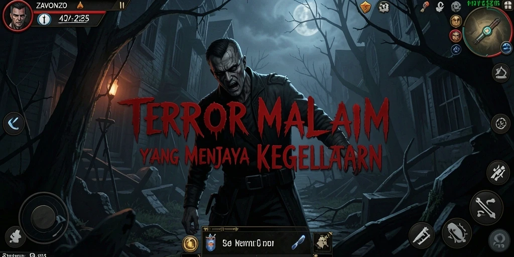 Screenshot menampilkan gameplay menegangkan dari ZAVONZO dalam suasana horor.